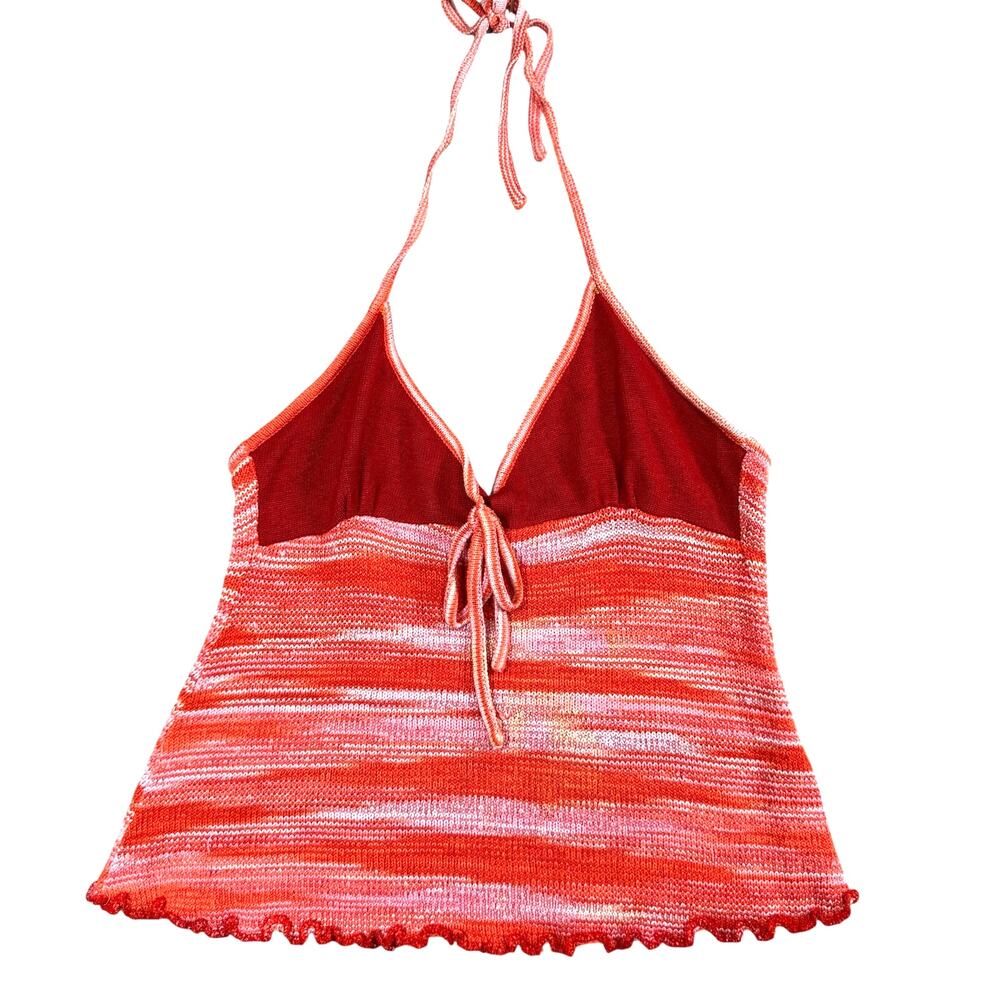Vintage Y2K Bouncy Wear Striped Sweater Halter Top Red Orange Knit Tank - Small